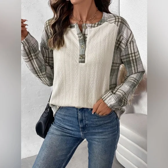 Cream and Plaid Long Sleeve Top- Perfee - Picture 3 of 8